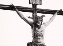 grayscale photo of the crucifix