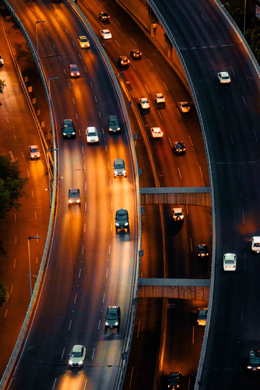 drone shot of cars on highway